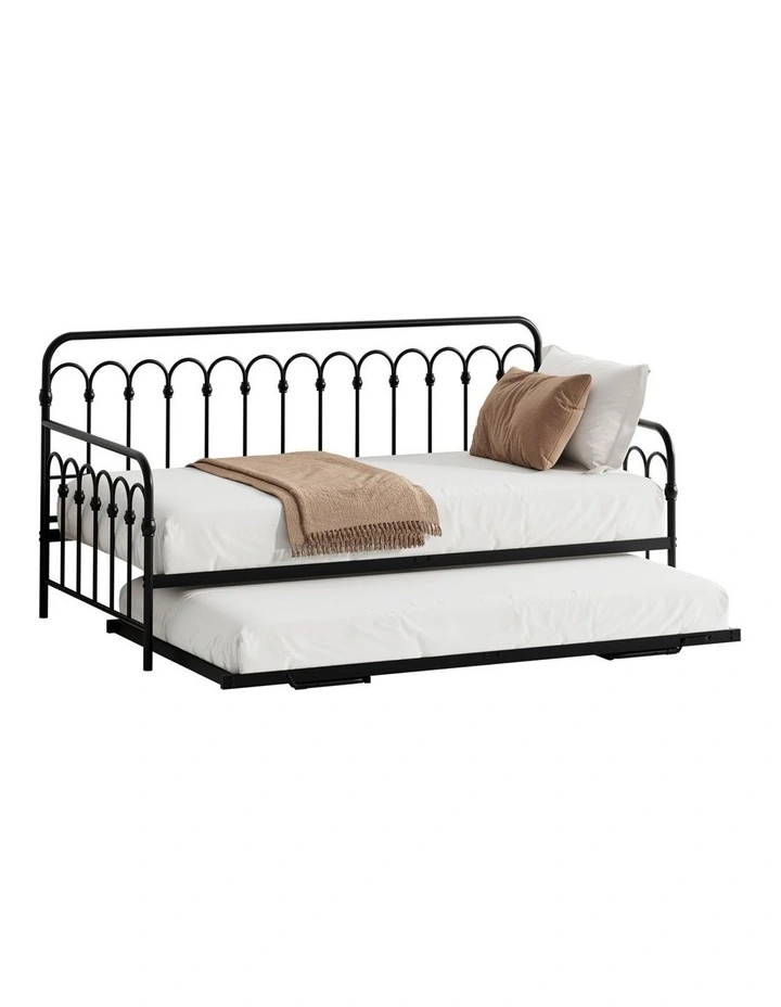 Oikiture Trundle Bed Frame Daybed Single Size Base Metal Single Beds x2 Black image 1
