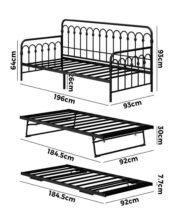Oikiture Trundle Bed Frame Daybed Single Size Base Metal Single Beds x2 Black image 3
