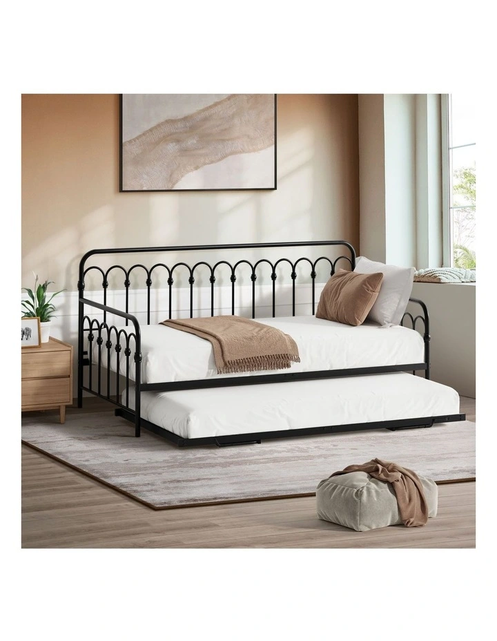 Oikiture Trundle Bed Frame Daybed Single Size Base Metal Single Beds x2 Black image 4