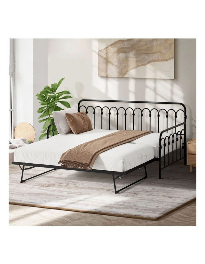 Oikiture Trundle Bed Frame Daybed Single Size Base Metal Single Beds x2 Black image 5