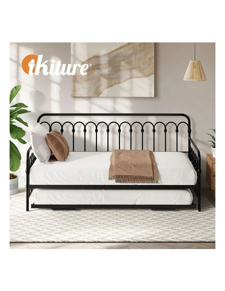 Oikiture Trundle Bed Frame Daybed Single Size Base Metal Single Beds x2 Black image 7