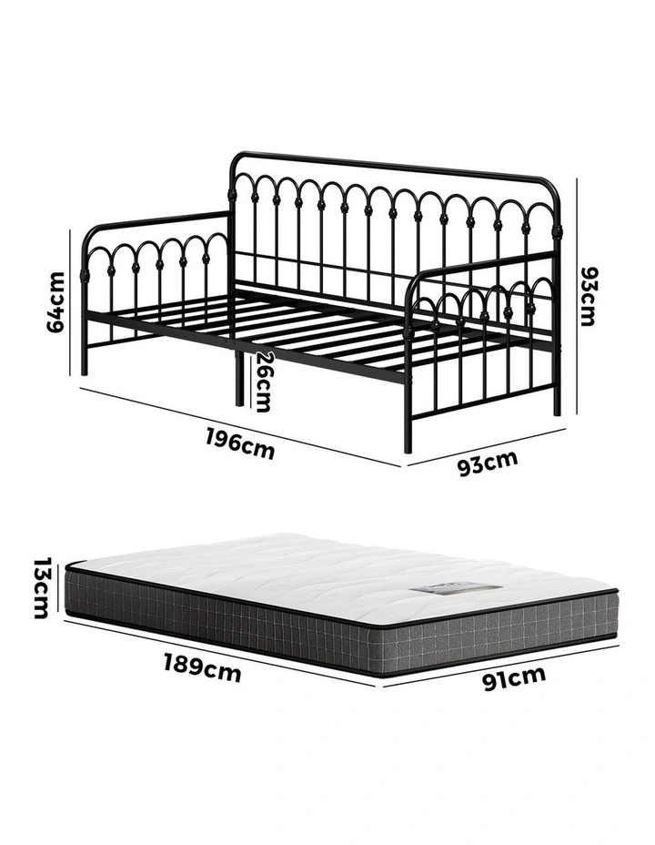 Oikiture Metal Daybed Frame Single Size Sofa Bed Support with Mattress Black image 3
