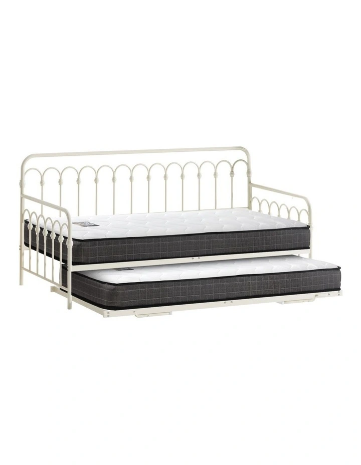 Oikiture Trundle Bed Frame Daybed Single Size Metal Base Beige with Mattress x2 image 1