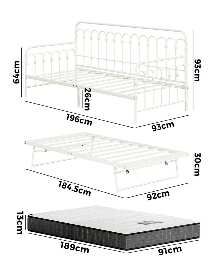 Oikiture Trundle Bed Frame Daybed Single Size Metal Base Beige with Mattress x2 image 3