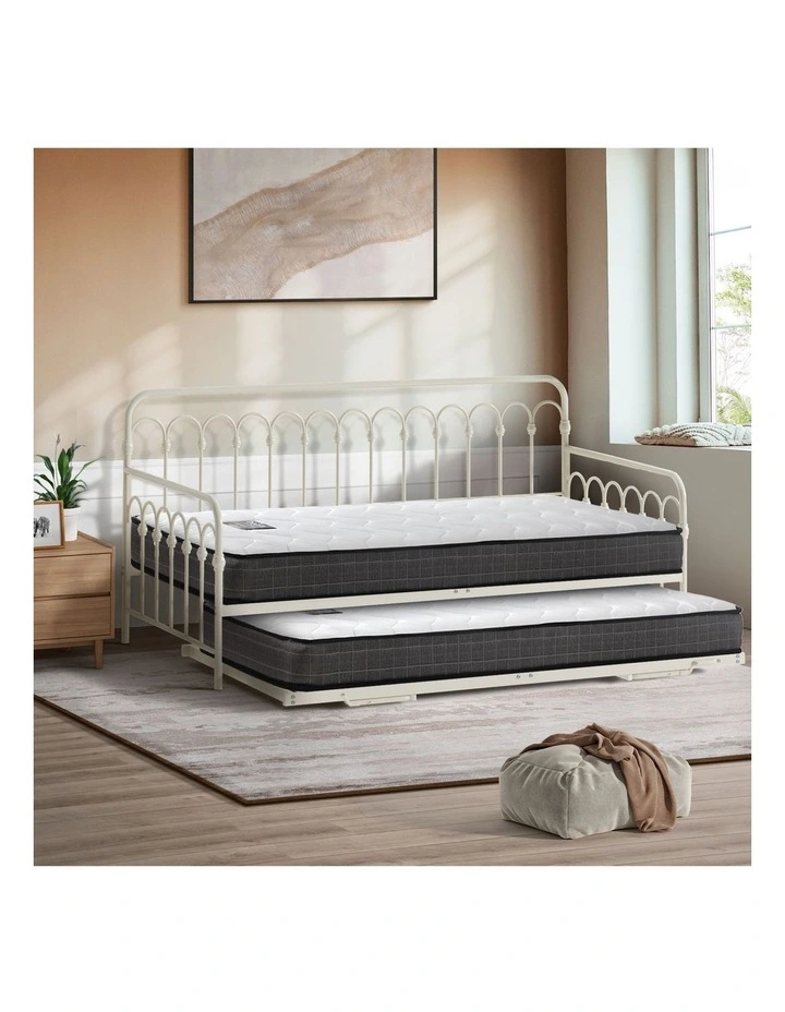 Oikiture Trundle Bed Frame Daybed Single Size Metal Base Beige with Mattress x2 image 4