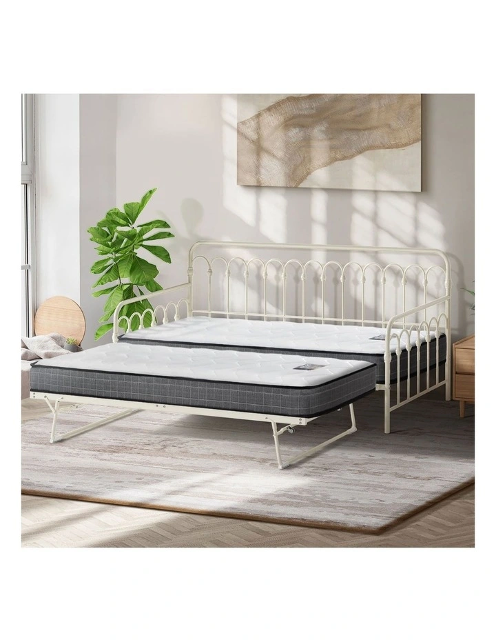Oikiture Trundle Bed Frame Daybed Single Size Metal Base Beige with Mattress x2 image 5