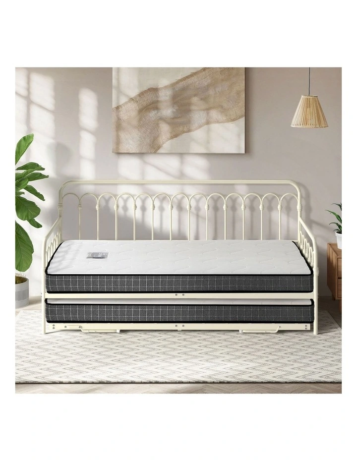 Oikiture Trundle Bed Frame Daybed Single Size Metal Base Beige with Mattress x2 image 7