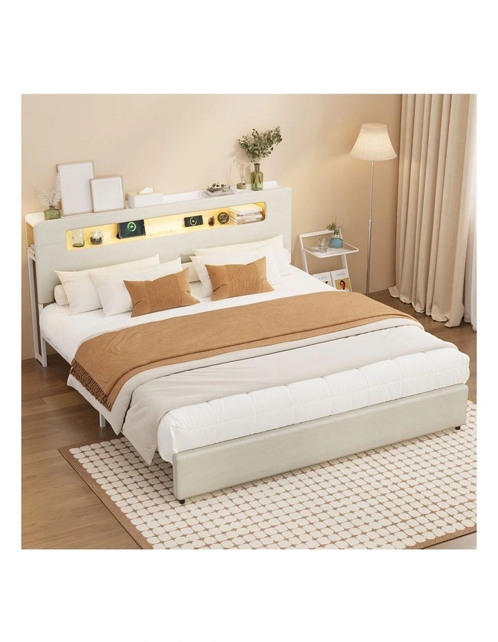 Oikiture Bed Frame King Size with LED Lights USB Charging Storage Headboad image 4