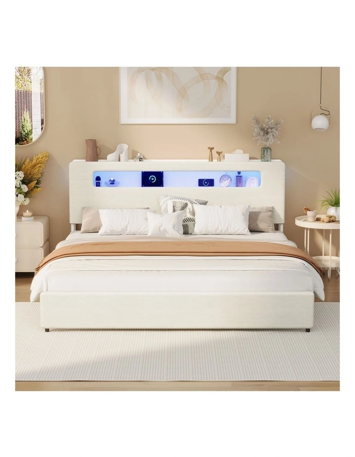 Oikiture Bed Frame King Size with LED Lights USB Charging Storage Headboad image 5
