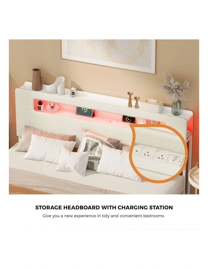 Oikiture Bed Frame King Size with LED Lights USB Charging Storage Headboad image 6