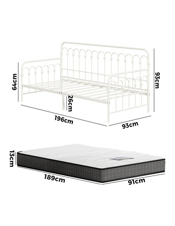 Oikiture Metal Daybed Frame Single Size Sofa Bed Support with Mattress Beige image 3