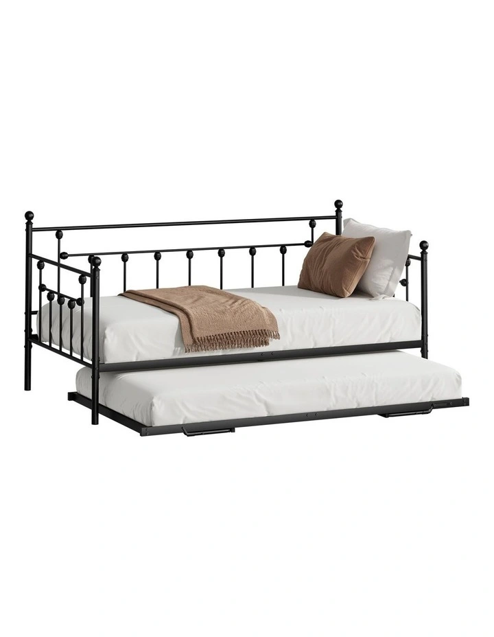 Oikiture Trundle Bed Frame Daybed Single Size Base Metal 2x Single Beds Black image 1