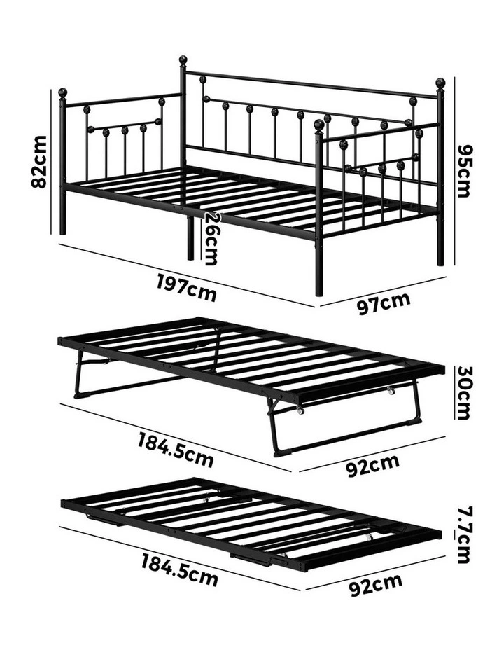 Oikiture Trundle Bed Frame Daybed Single Size Base Metal 2x Single Beds Black image 3