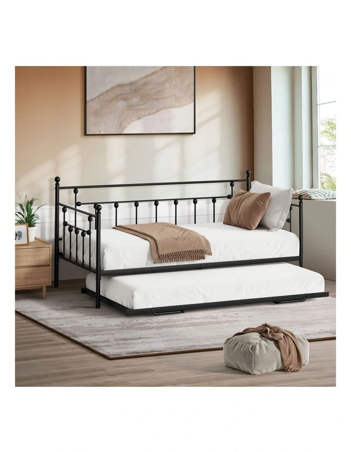Oikiture Trundle Bed Frame Daybed Single Size Base Metal 2x Single Beds Black image 4