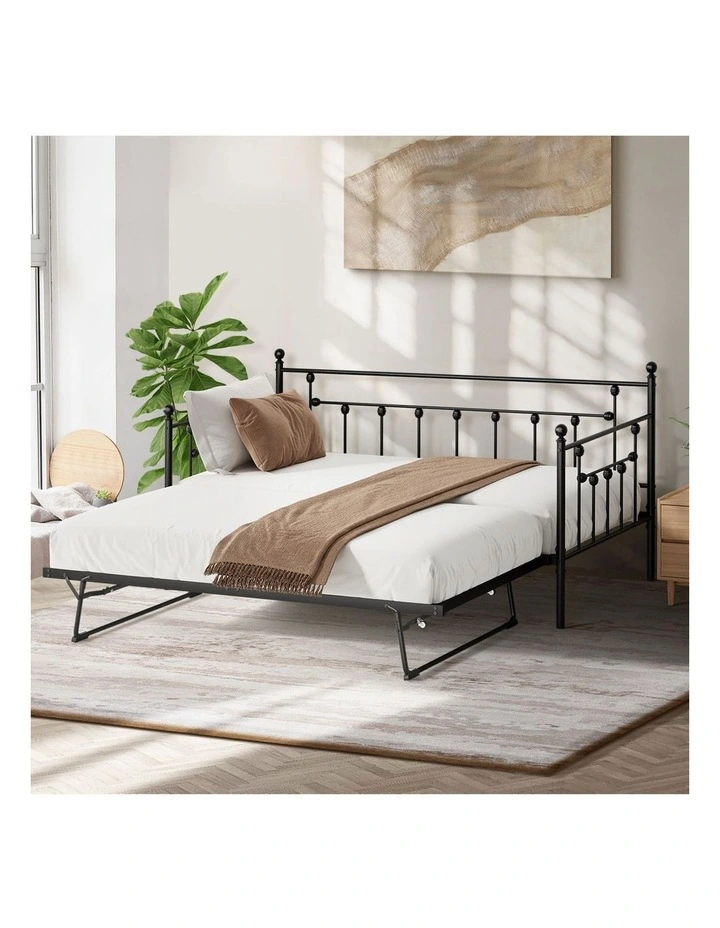 Oikiture Trundle Bed Frame Daybed Single Size Base Metal 2x Single Beds Black image 5