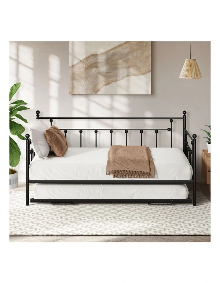 Oikiture Trundle Bed Frame Daybed Single Size Base Metal 2x Single Beds Black image 7