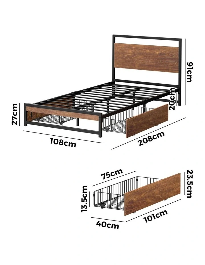 Oikiture Metal Bed Frame King Single Beds Base Platform with 2 Drawers Black image 3