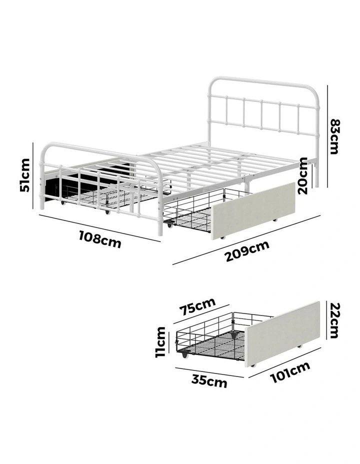 Oikiture Metal Bed Frame King Single Size Bed Base with 2 Drawers White image 3