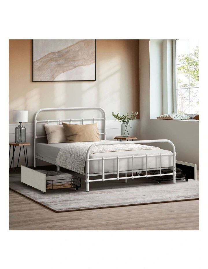 Oikiture Metal Bed Frame King Single Size Bed Base with 2 Drawers White image 4