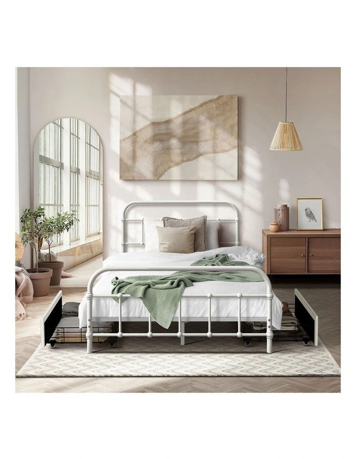 Oikiture Metal Bed Frame King Single Size Bed Base with 2 Drawers White image 5