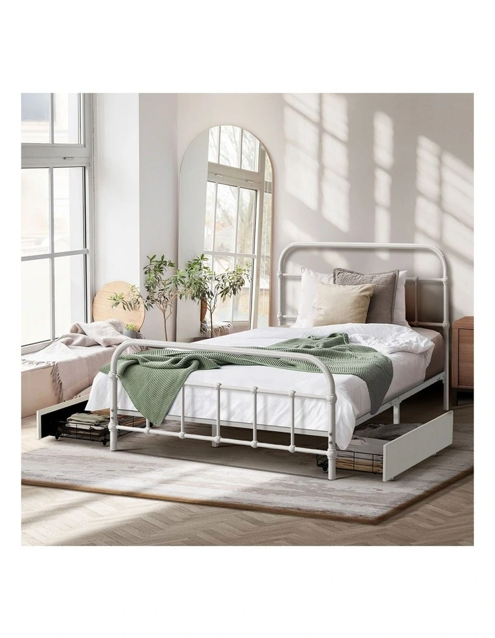 Oikiture Metal Bed Frame King Single Size Bed Base with 2 Drawers White image 7