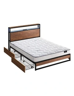 Oikiture Metal Bed Frame King Size LED 4 Storage Drawers USB with Mattress