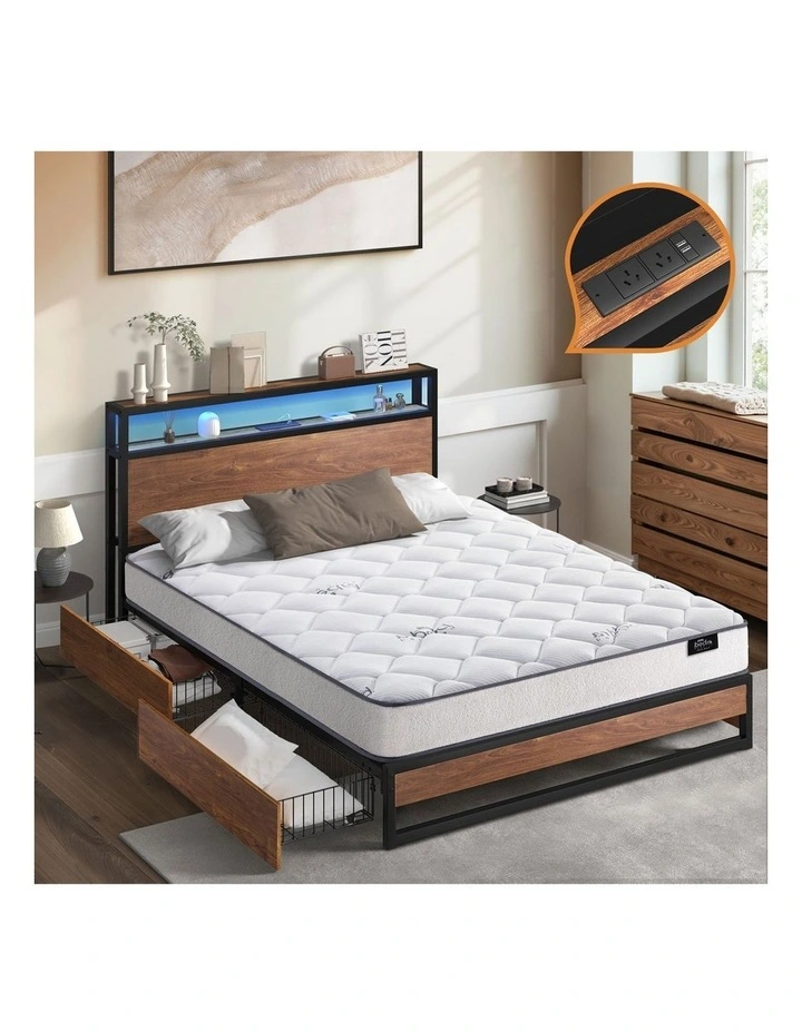 Oikiture Metal Bed Frame King Size LED 4 Storage Drawers USB with Mattress image 4