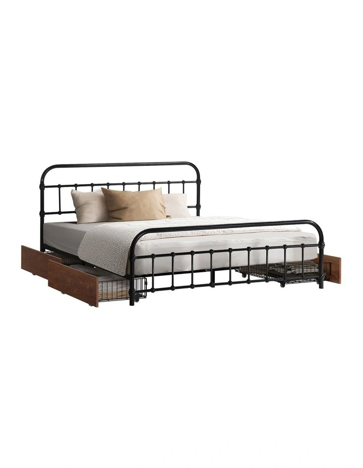 Oikiture Metal Bed Frame Queen Size Bed Base with 4 Drawers Black image 1