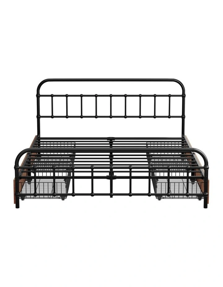 Oikiture Metal Bed Frame Queen Size Bed Base with 4 Drawers Black image 2