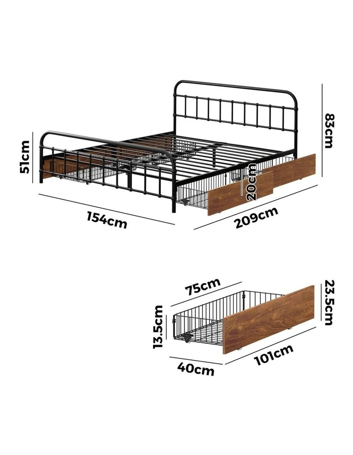 Oikiture Metal Bed Frame Queen Size Bed Base with 4 Drawers Black image 3