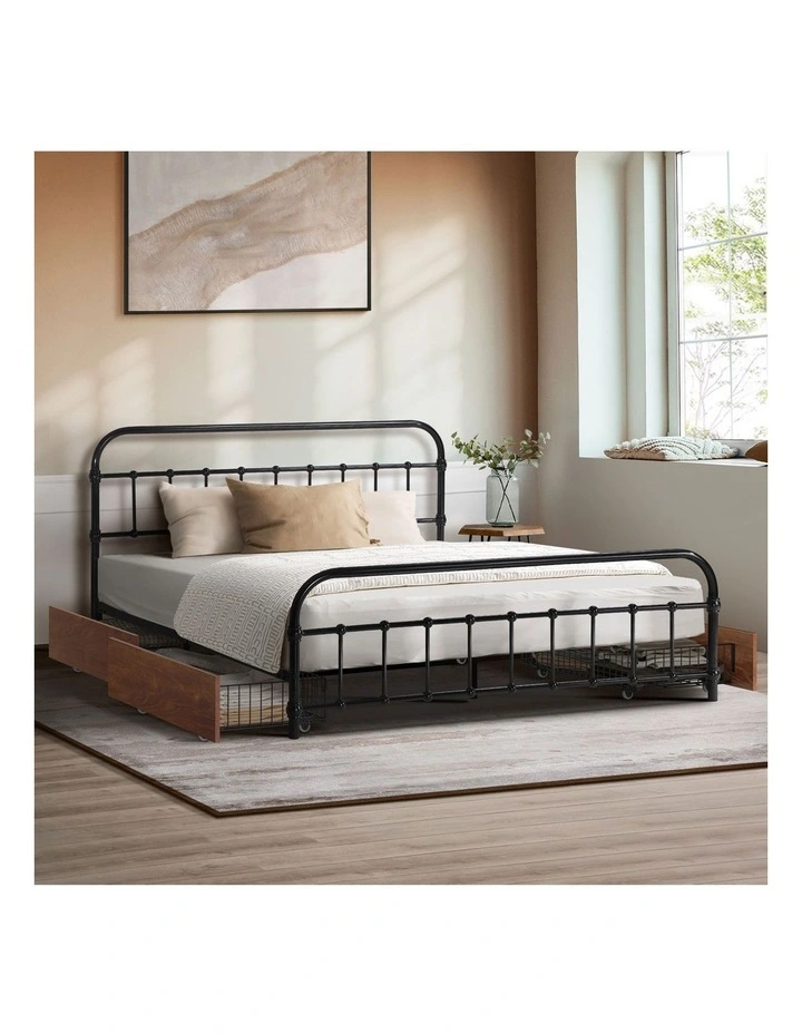 Oikiture Metal Bed Frame Queen Size Bed Base with 4 Drawers Black image 4