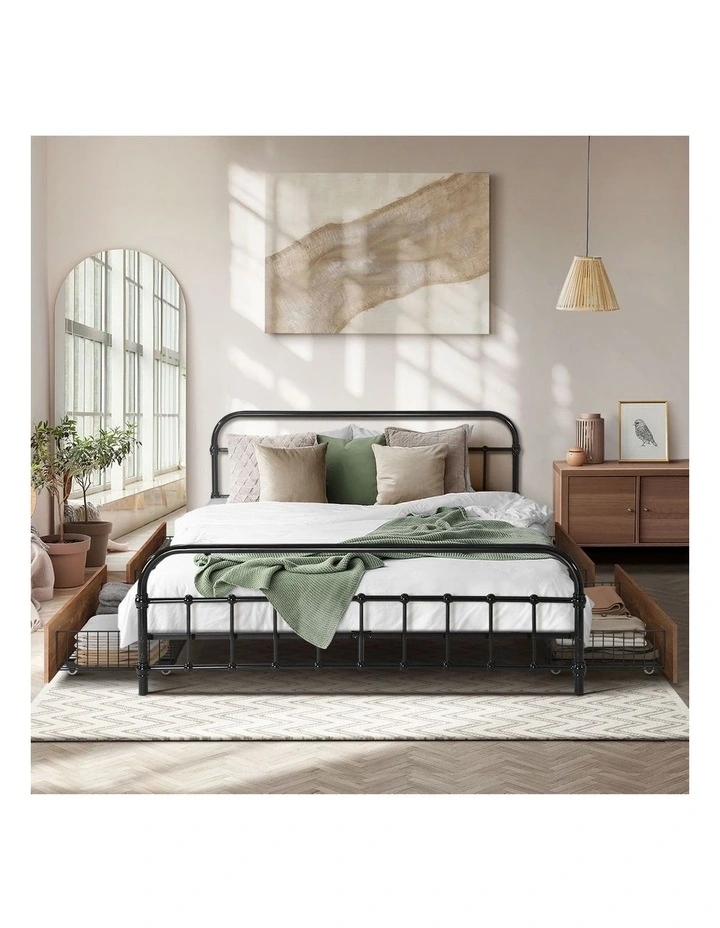 Oikiture Metal Bed Frame Queen Size Bed Base with 4 Drawers Black image 5