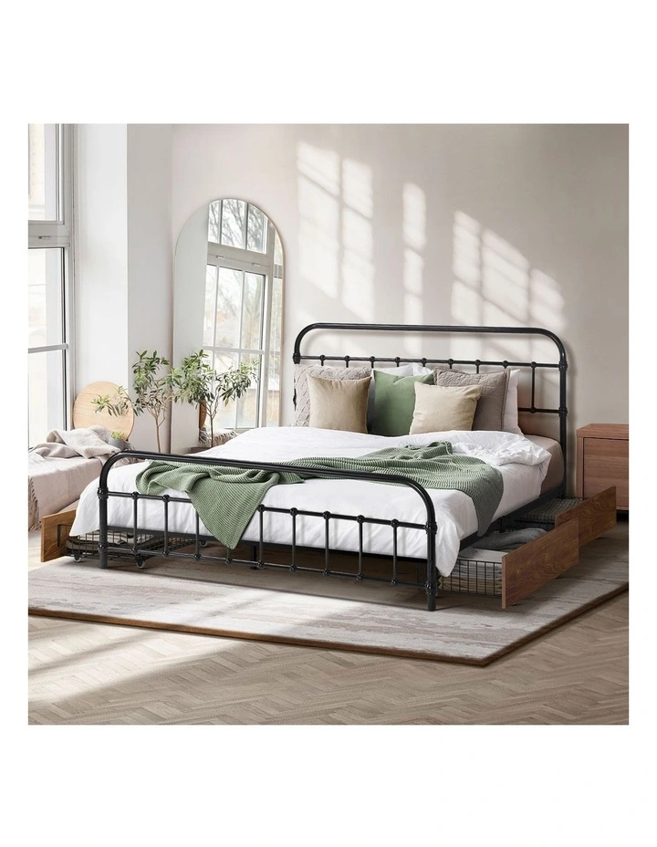 Oikiture Metal Bed Frame Queen Size Bed Base with 4 Drawers Black image 7