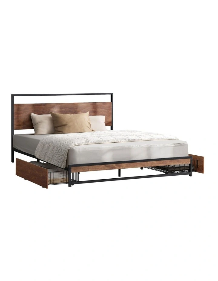 Oikiture Metal Bed Frame Double Size Beds Base Platform with 2 Drawers Black image 1