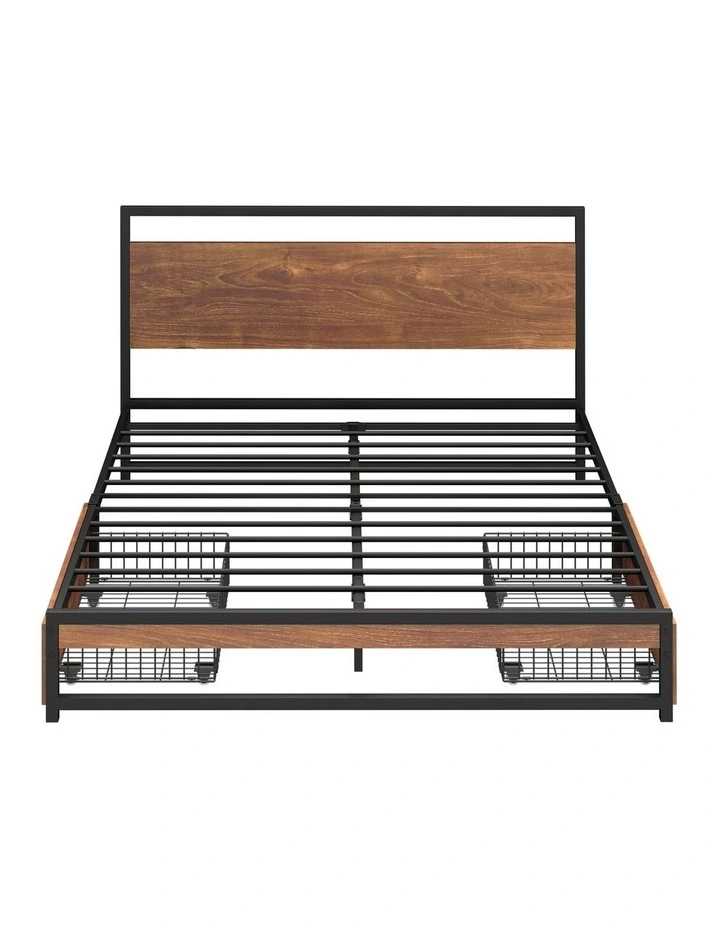 Oikiture Metal Bed Frame Double Size Beds Base Platform with 2 Drawers Black image 2