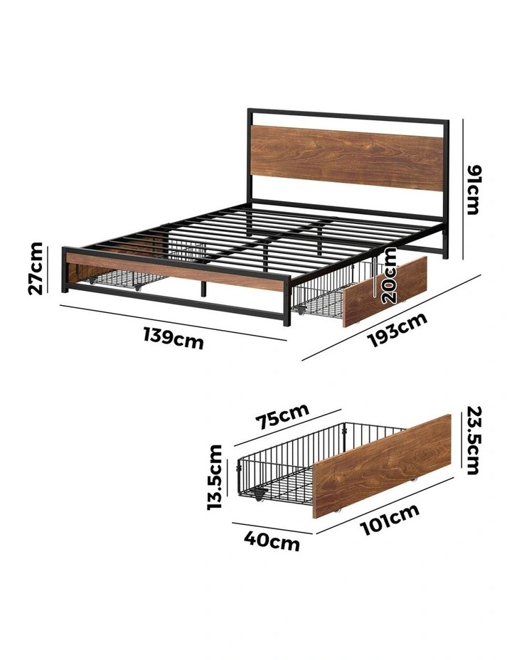 Oikiture Metal Bed Frame Double Size Beds Base Platform with 2 Drawers Black image 3