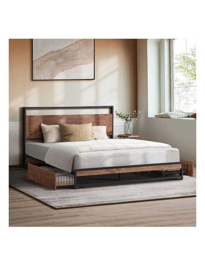 Oikiture Metal Bed Frame Double Size Beds Base Platform with 2 Drawers Black image 4