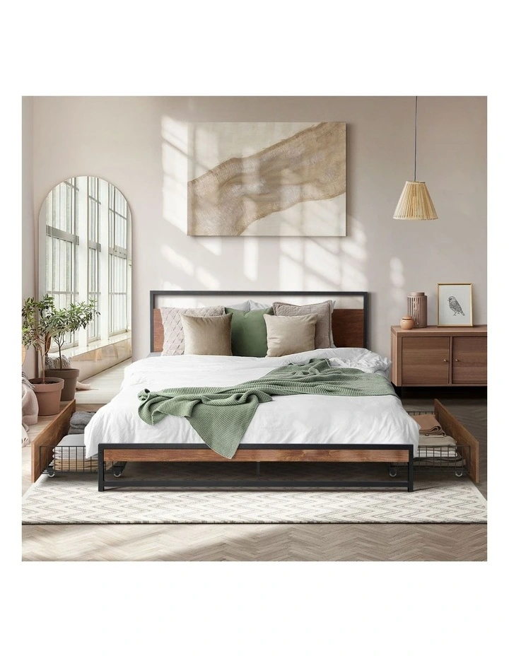 Oikiture Metal Bed Frame Double Size Beds Base Platform with 2 Drawers Black image 5