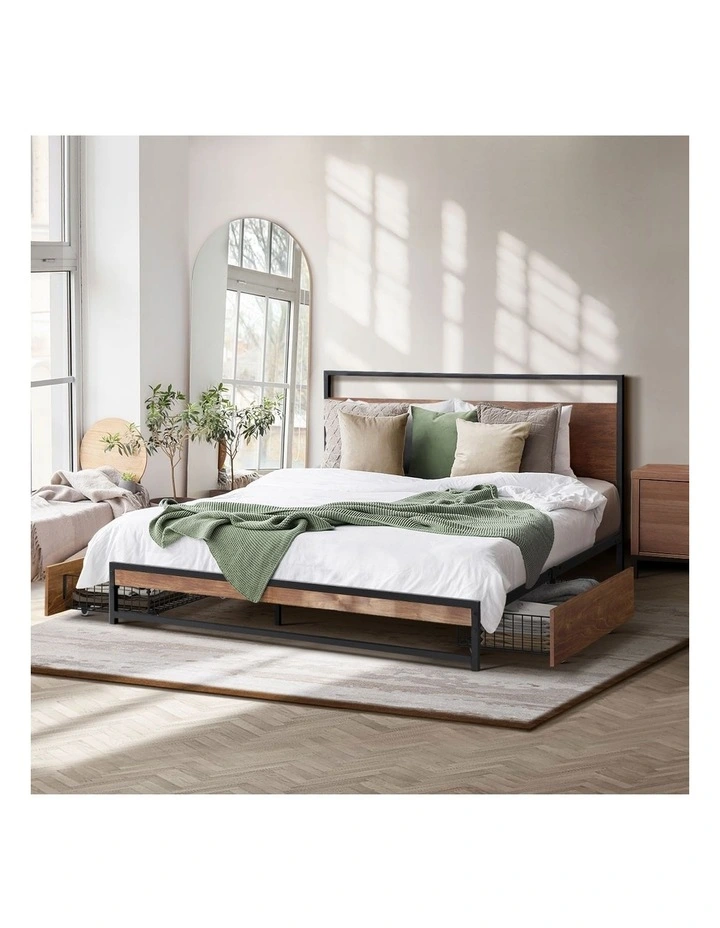 Oikiture Metal Bed Frame Double Size Beds Base Platform with 2 Drawers Black image 7