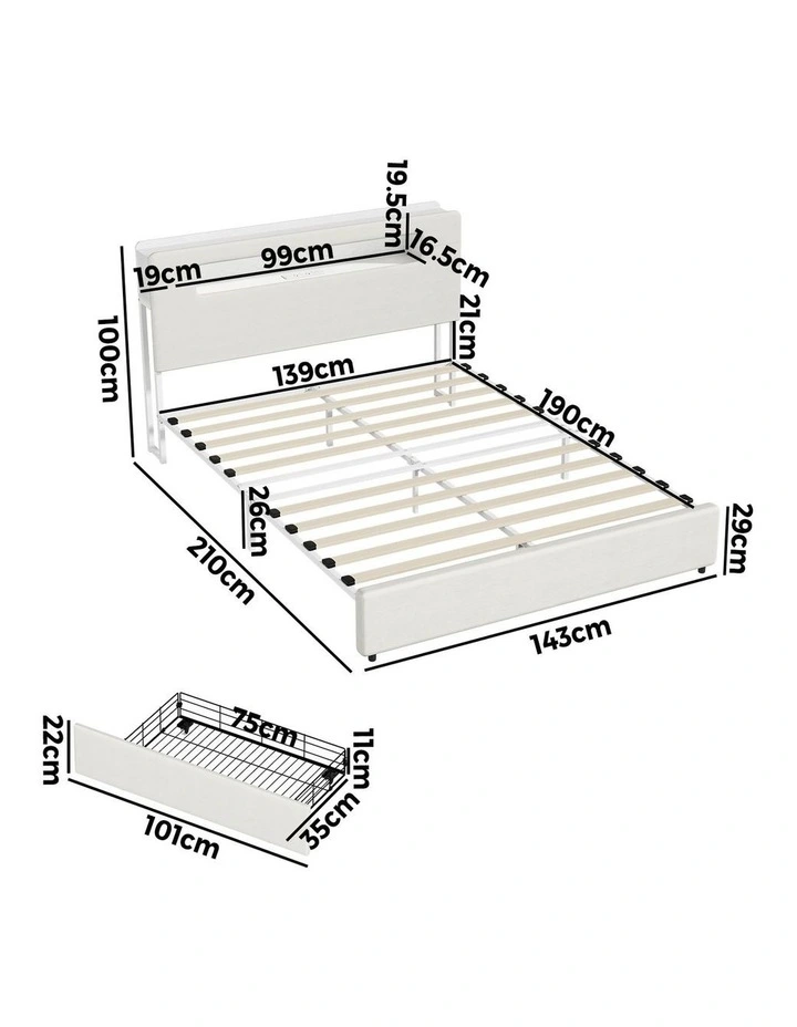 Oikiture Bed Frame 2 Drawers Double Size with LED Charging Storage Bedhead image 3
