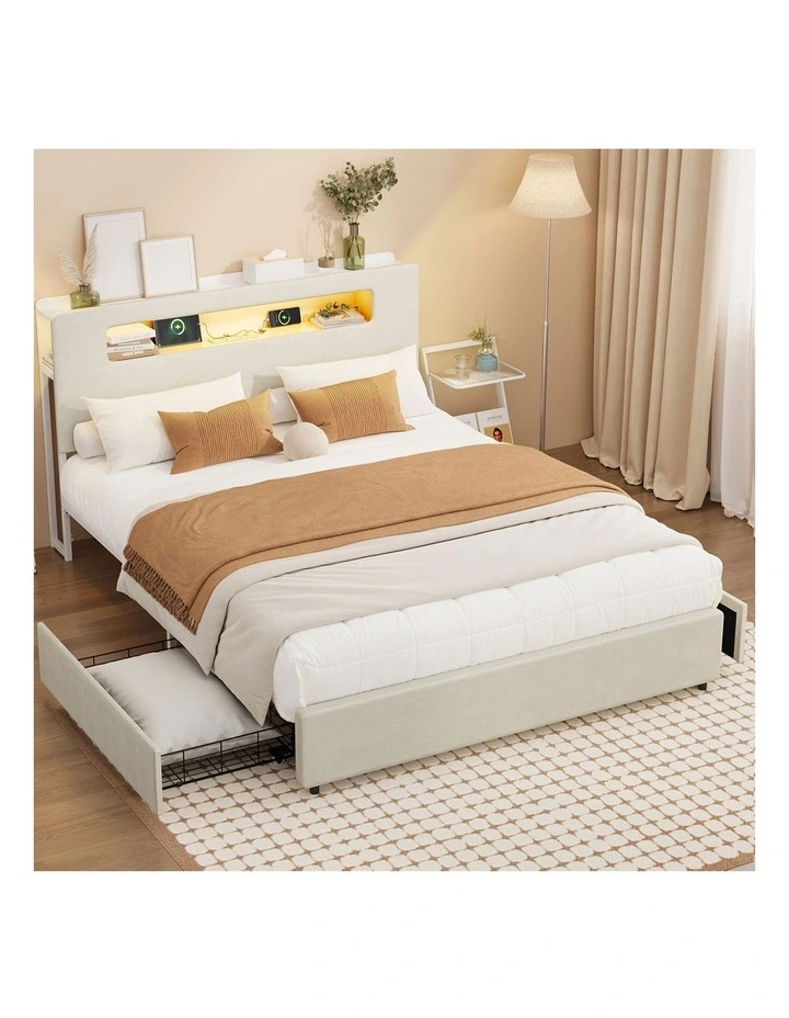 Oikiture Bed Frame 2 Drawers Double Size with LED Charging Storage Bedhead image 4