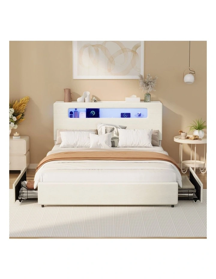 Oikiture Bed Frame 2 Drawers Double Size with LED Charging Storage Bedhead image 5