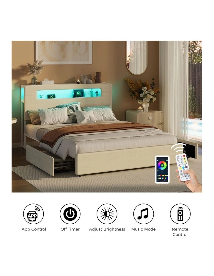 Oikiture Bed Frame 2 Drawers Double Size with LED Charging Storage Bedhead image 7