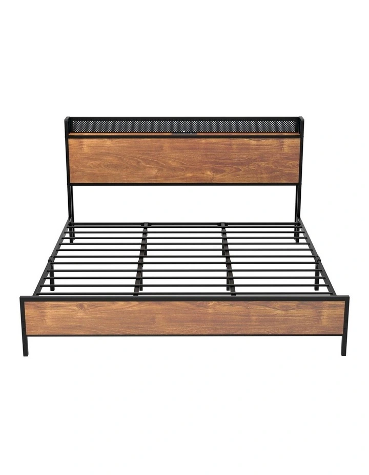 Oikiture Metal Bed Frame Queen Size LED Light USB Charge Storage Headboard image 2