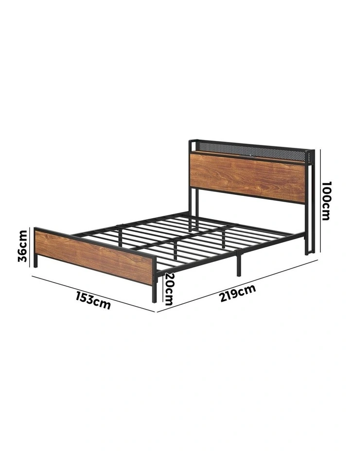 Oikiture Metal Bed Frame Queen Size LED Light USB Charge Storage Headboard image 3
