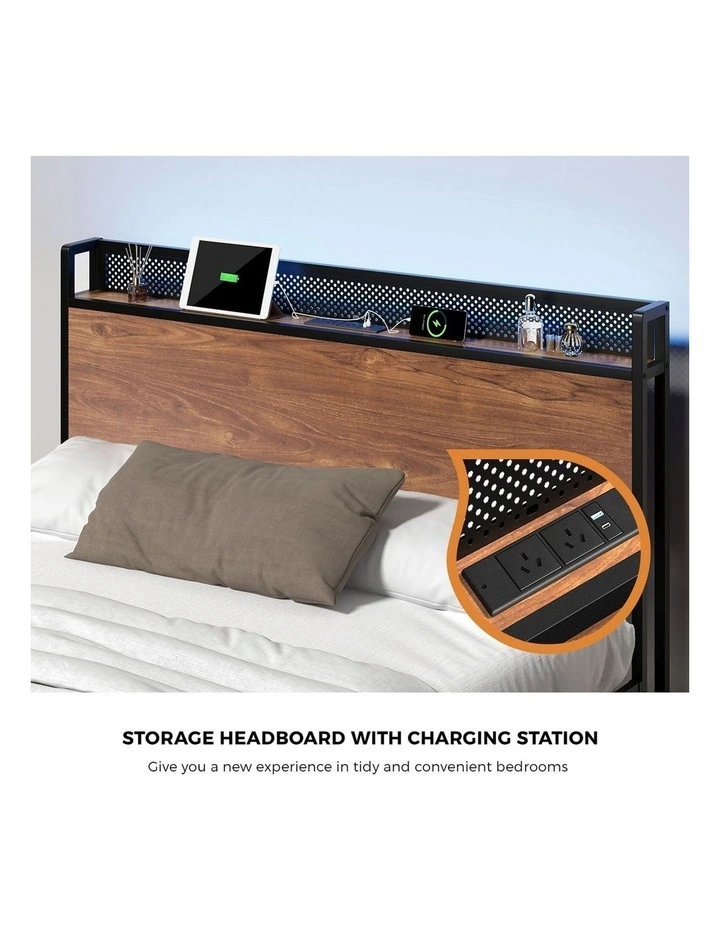Oikiture Metal Bed Frame Queen Size LED Light USB Charge Storage Headboard image 6