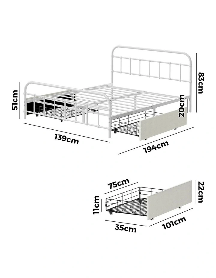 Oikiture Metal Bed Frame Double Size Bed Base with 2 Drawers White image 3