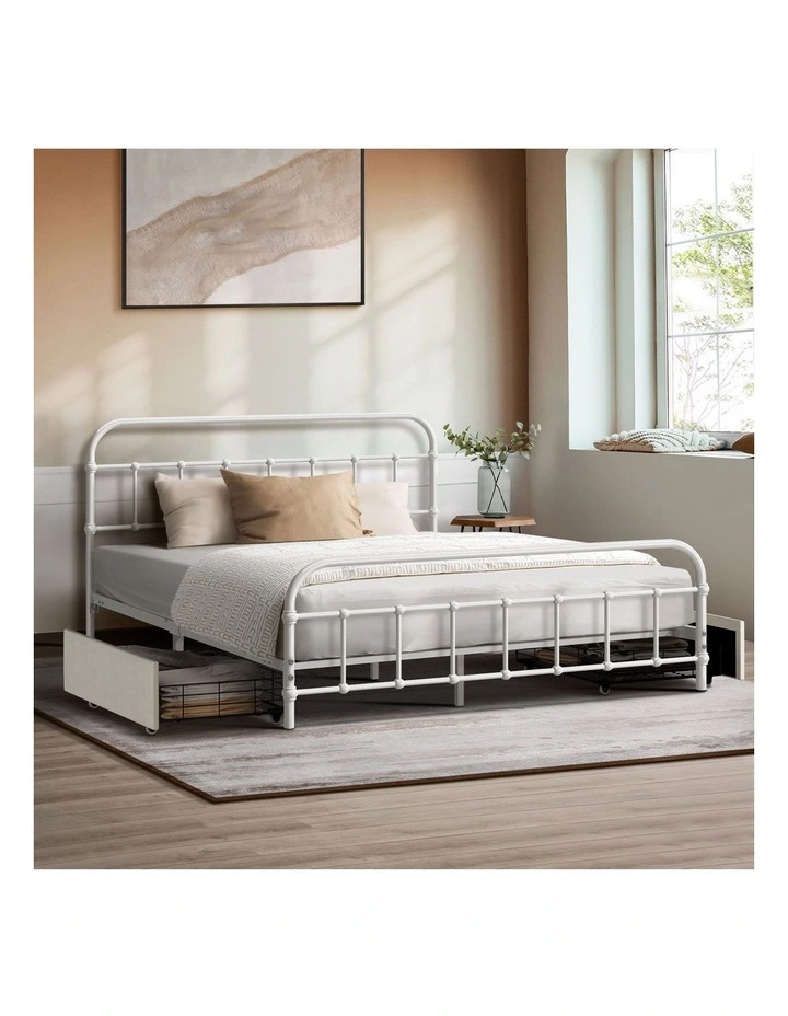 Oikiture Metal Bed Frame Double Size Bed Base with 2 Drawers White image 4