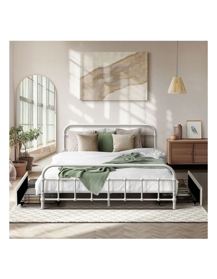Oikiture Metal Bed Frame Double Size Bed Base with 2 Drawers White image 5