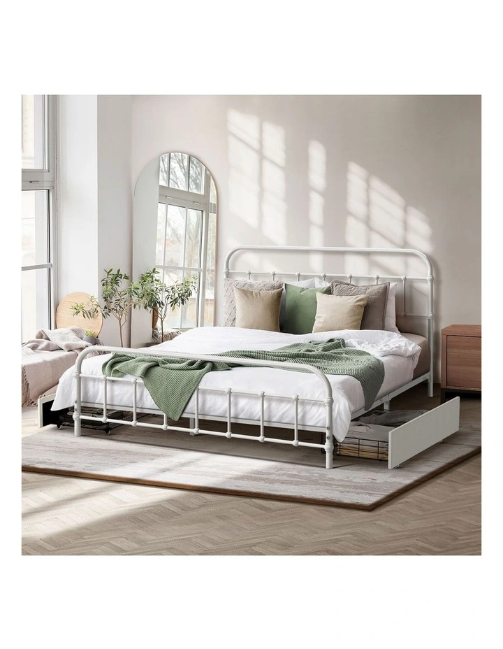 Oikiture Metal Bed Frame Double Size Bed Base with 2 Drawers White image 7